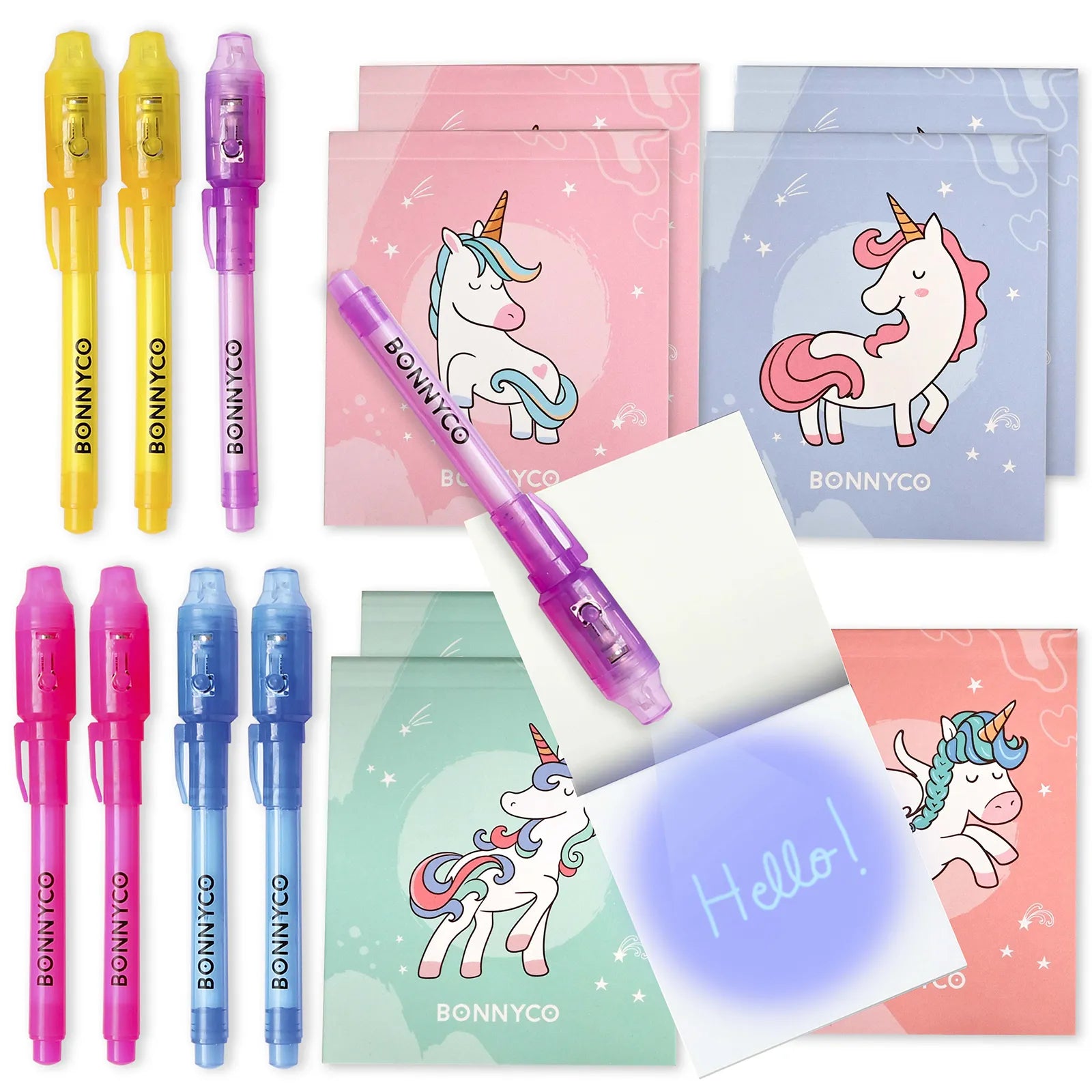 Cuadernos con Rotuladores de Tinta Invisible y Luz UV - Unicornios