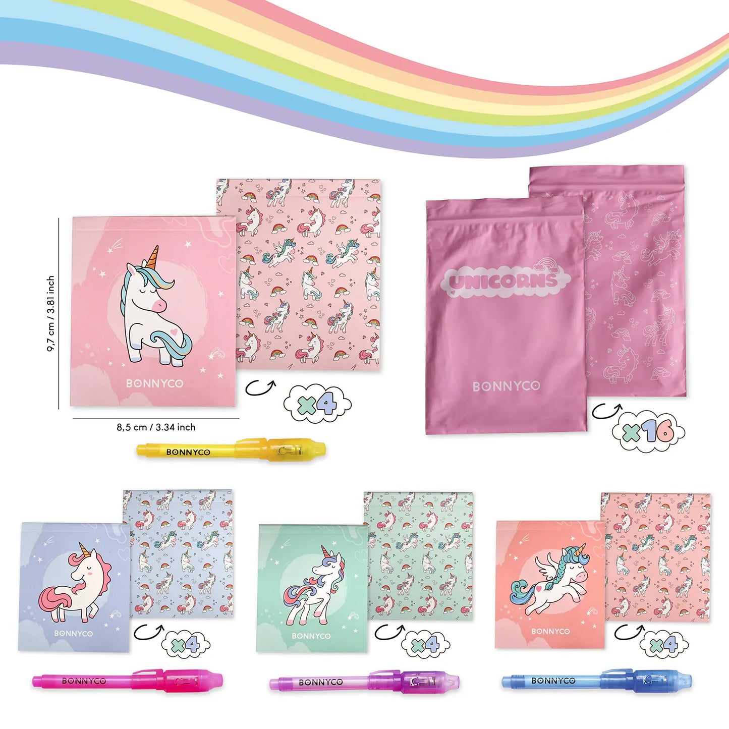 Cuadernos con Rotuladores de Tinta Invisible y Luz UV - Unicornios